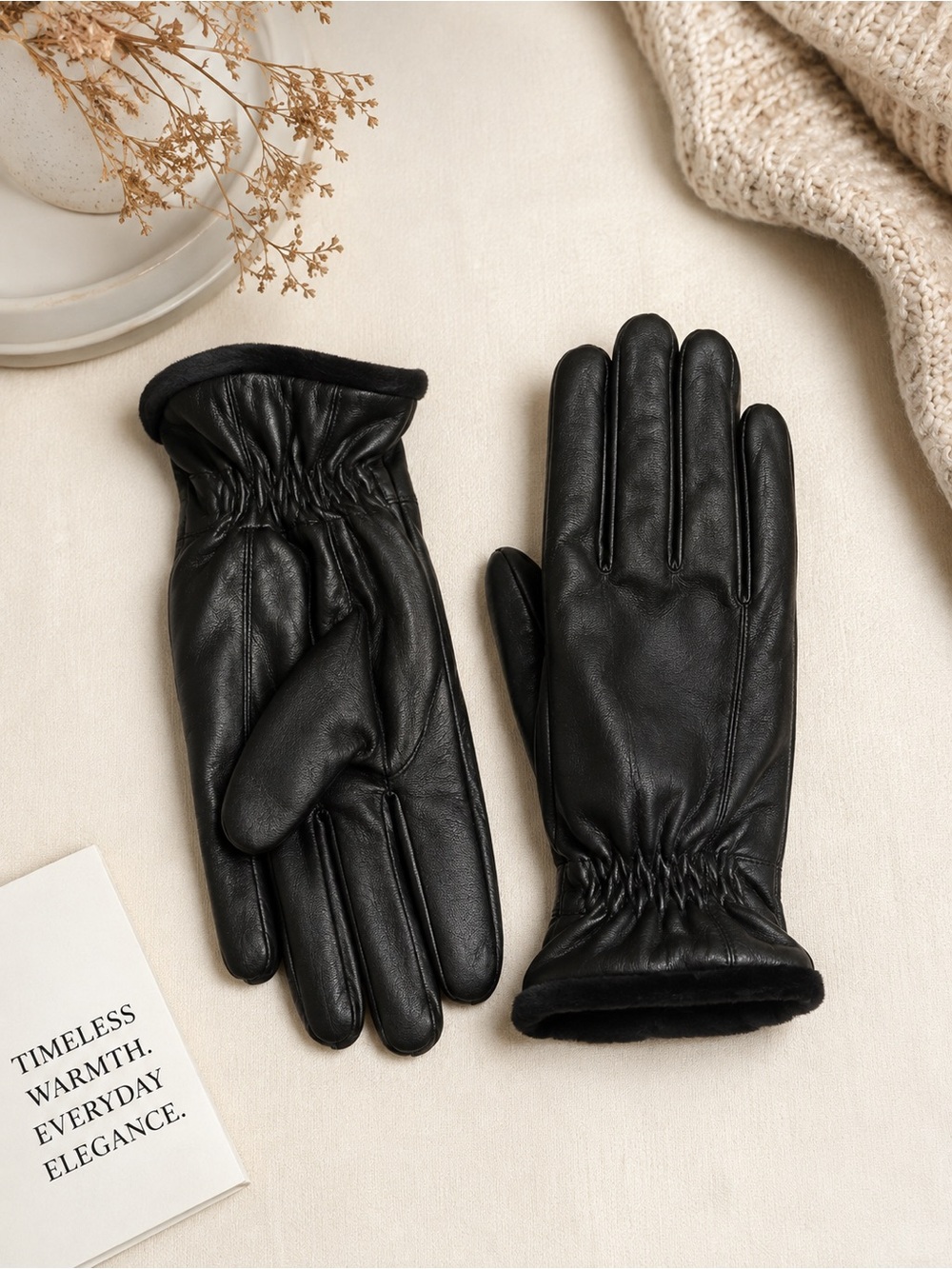 Women's Black Leather Winter Gloves